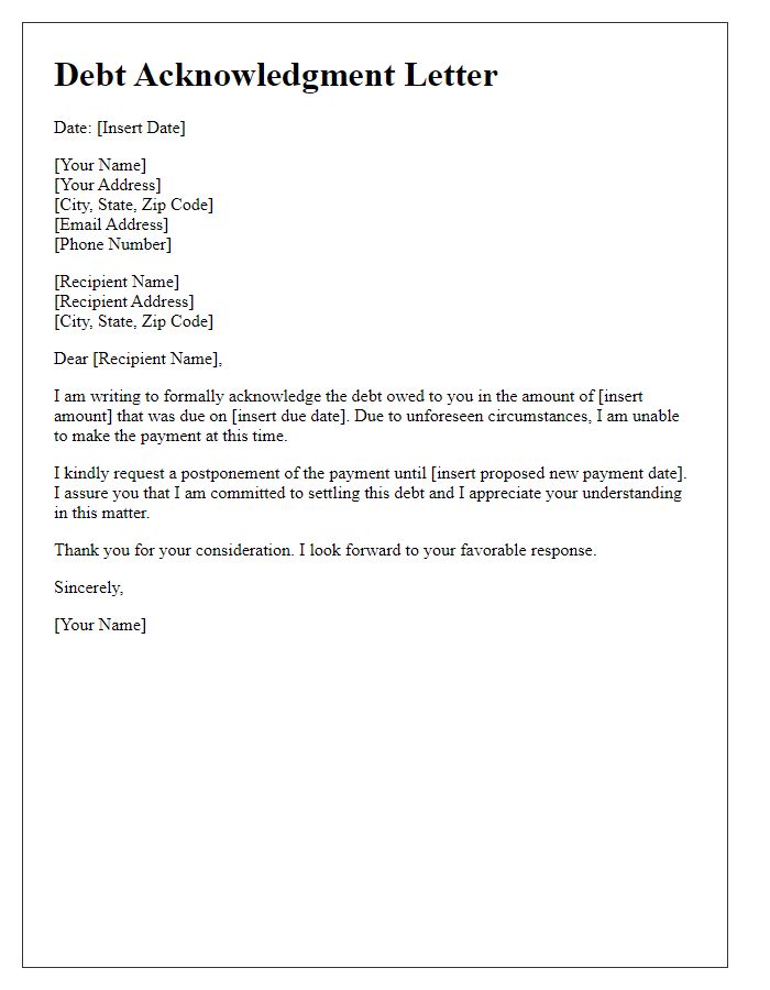 Letter template of debt acknowledgment for postponed payment.