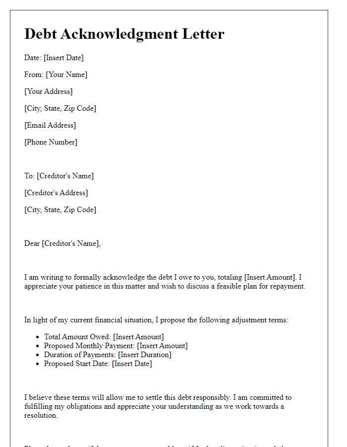 Letter template of debt acknowledgment with proposed adjustment terms.