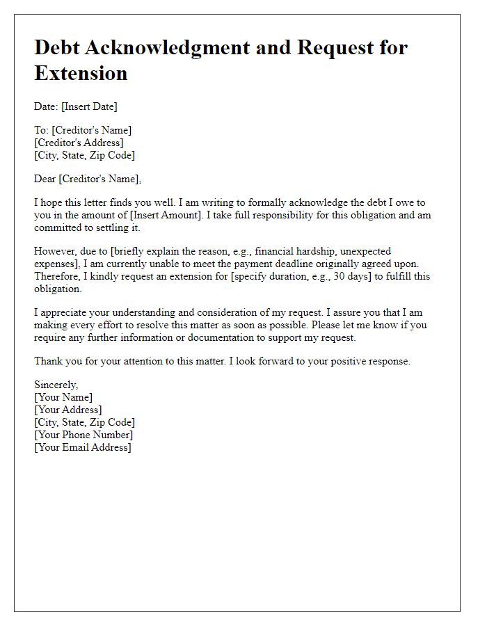 Letter template of debt acknowledgment with request for extension.