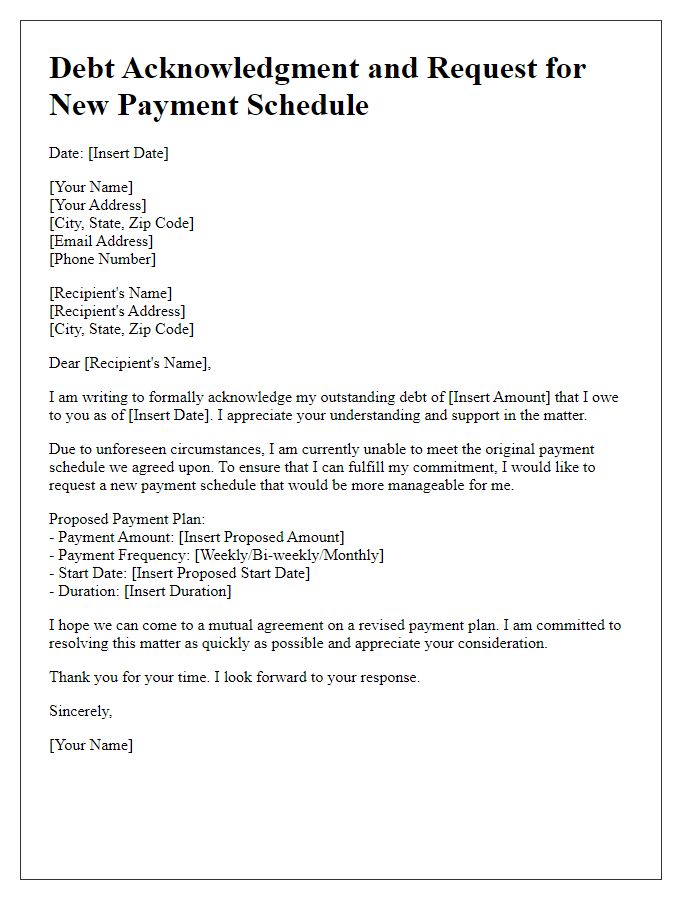 Letter template of debt acknowledgment with request for a new schedule.