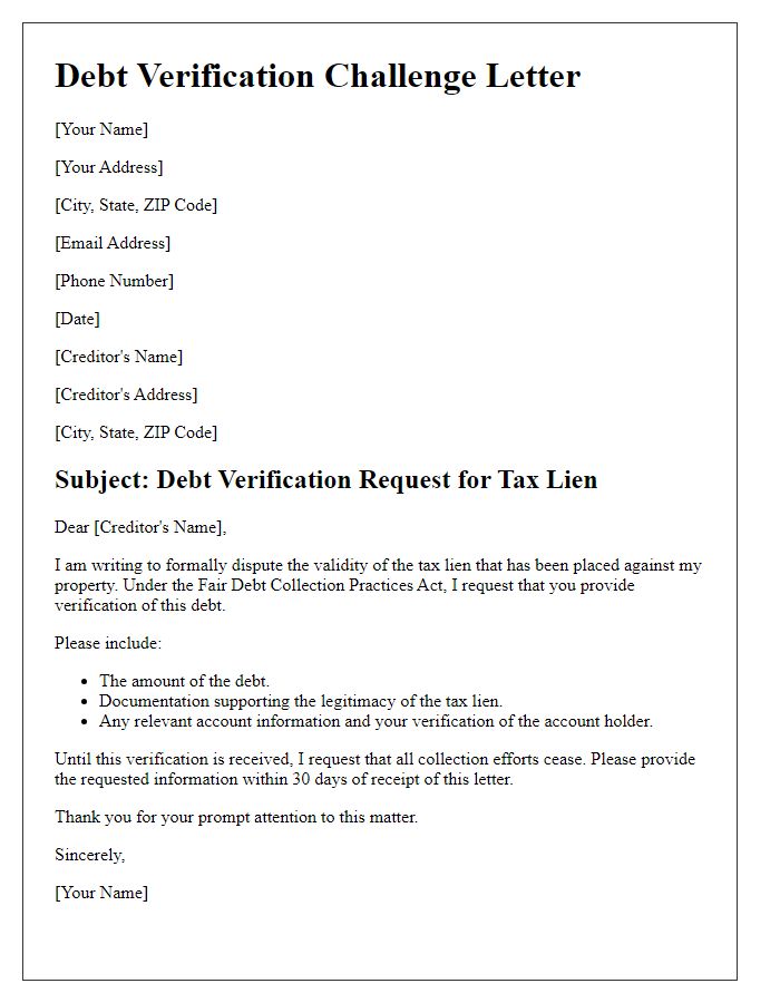 Letter template of debt verification challenge for tax liens.