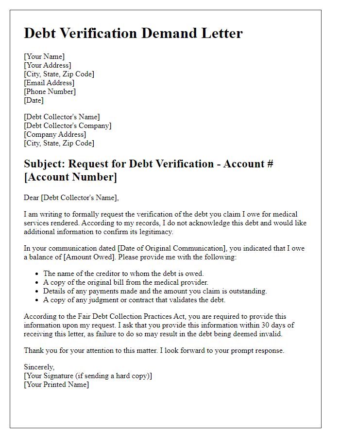 Letter template of debt verification demand for medical bills.