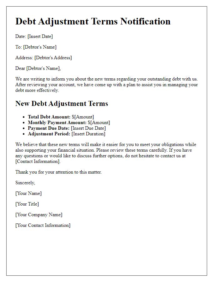 Letter template of debt adjustment terms notification