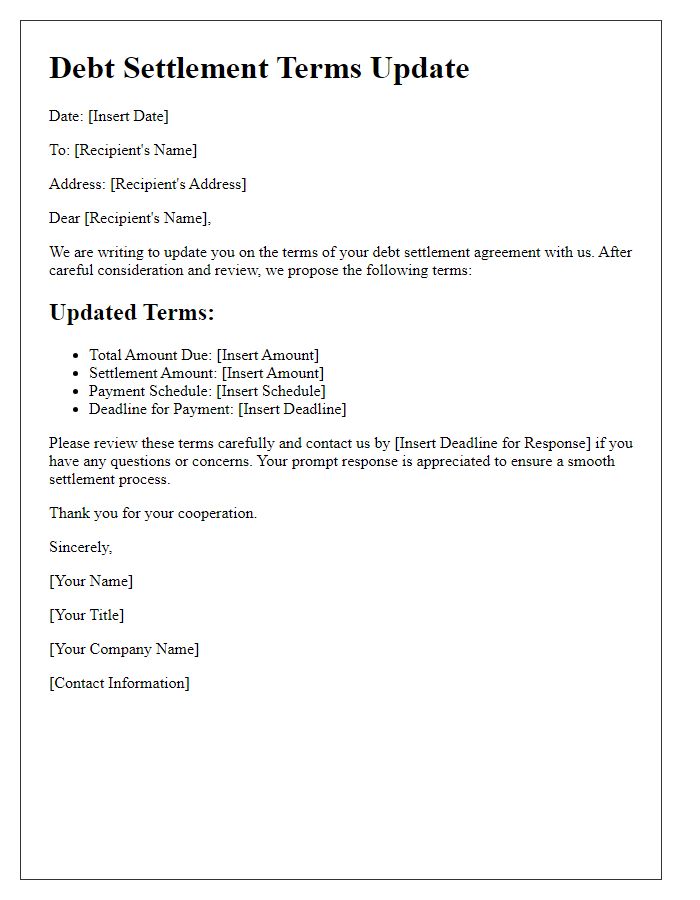 Letter template of debt settlement terms update