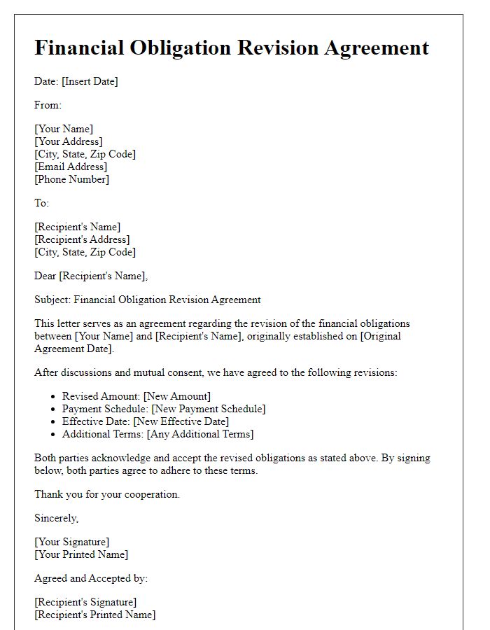 Letter template of financial obligation revision agreement