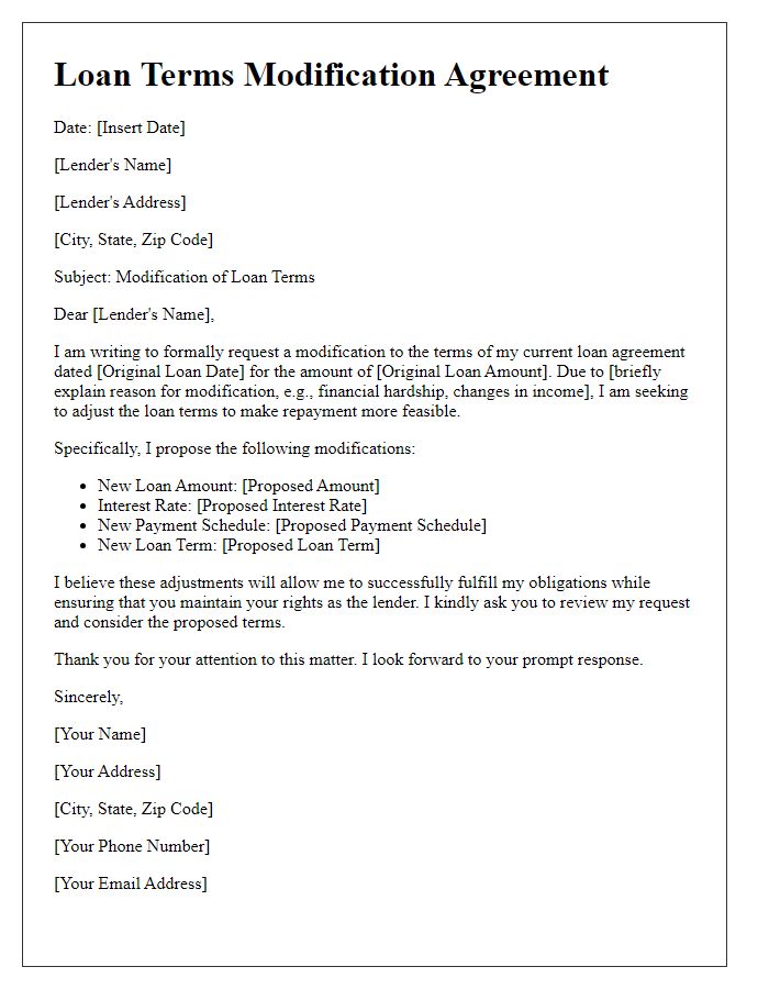 Letter template of modified loan terms arrangement