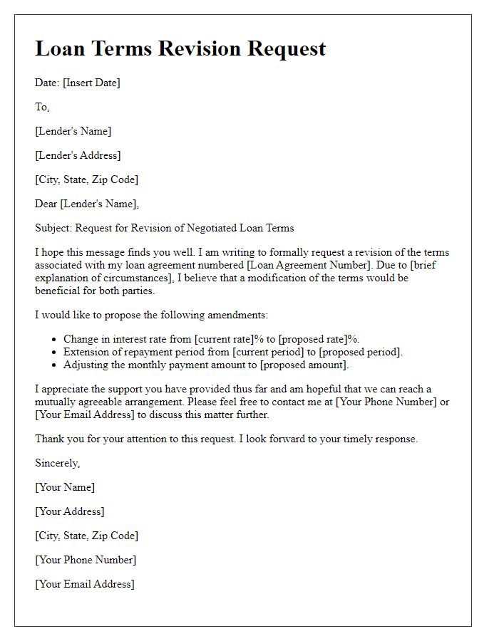 Letter template of negotiated loan terms revision