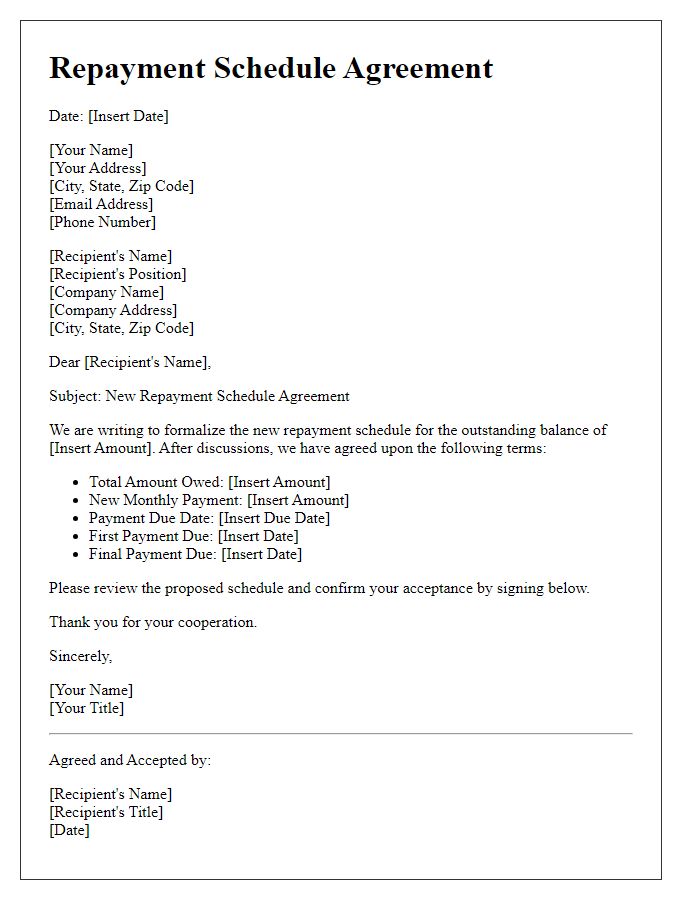 Letter template of new repayment schedule agreement