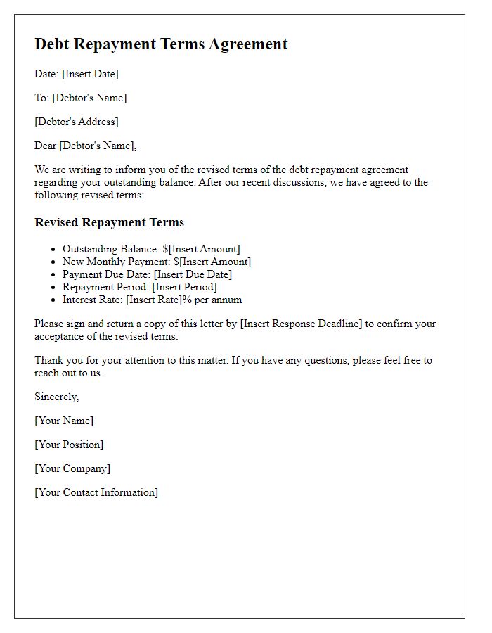 Letter template of revised debt repayment terms agreement