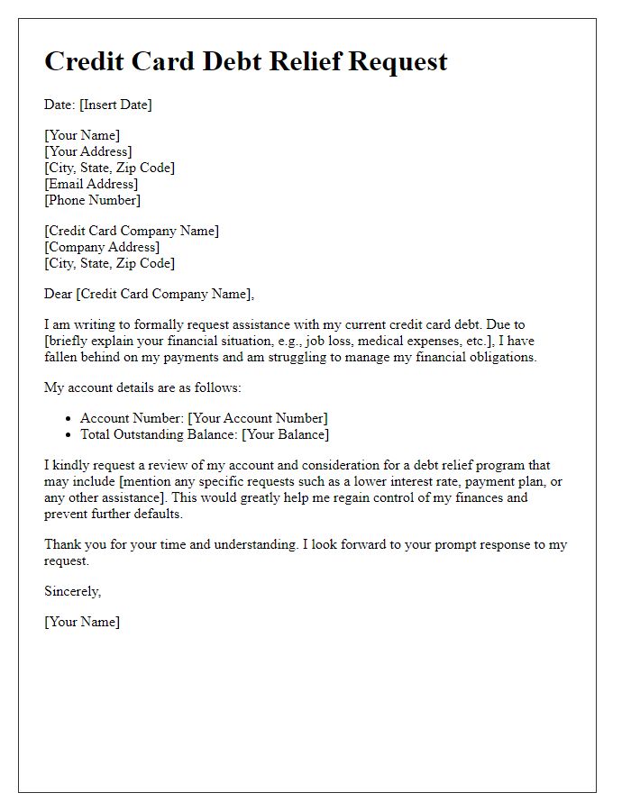 Letter template of credit card debt relief request