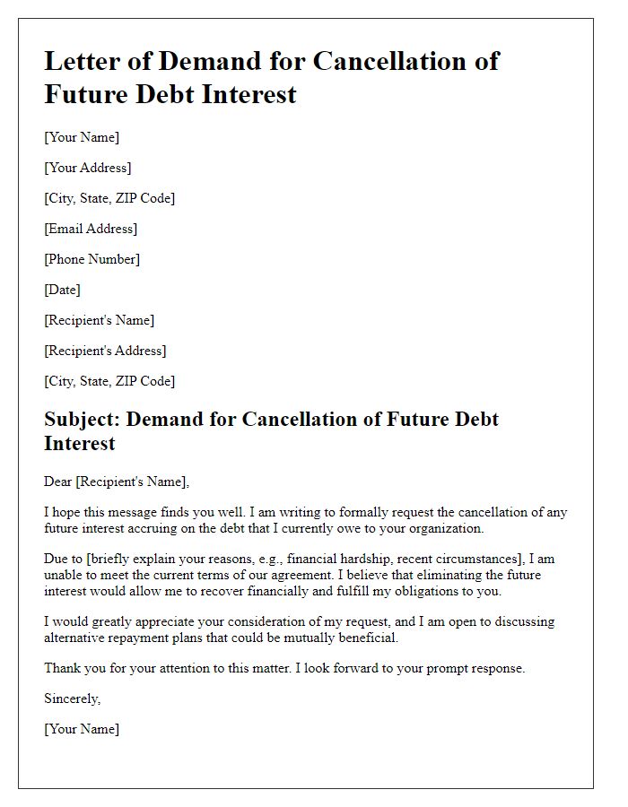 Letter template of demand for cancellation of future debt interest