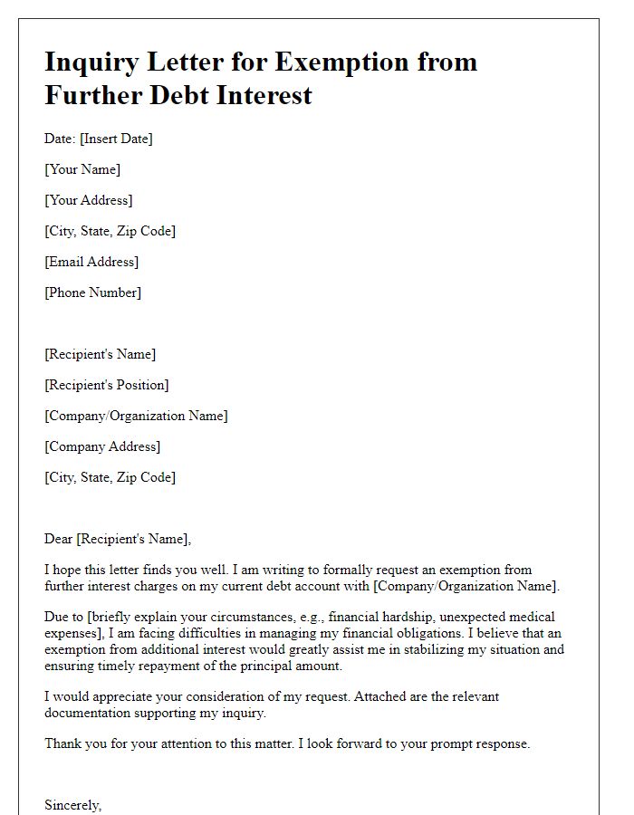 Letter template of inquiry for exemption from further debt interest