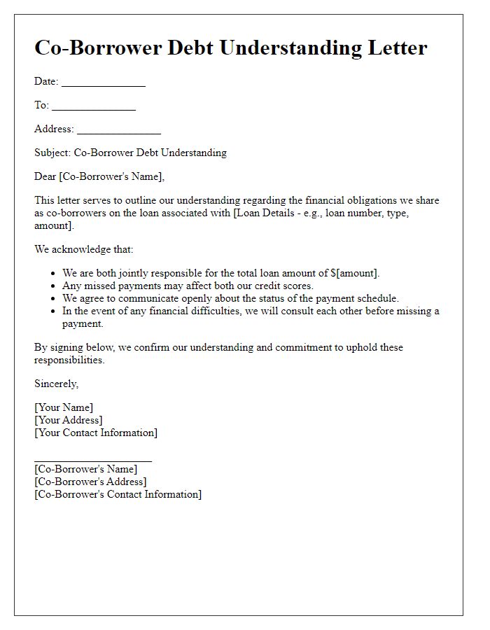 Letter template of co-borrower debt understanding