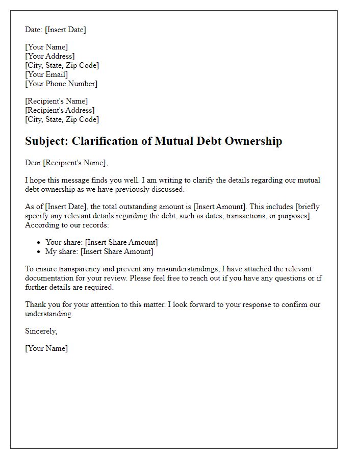 Letter template of mutual debt ownership clarification