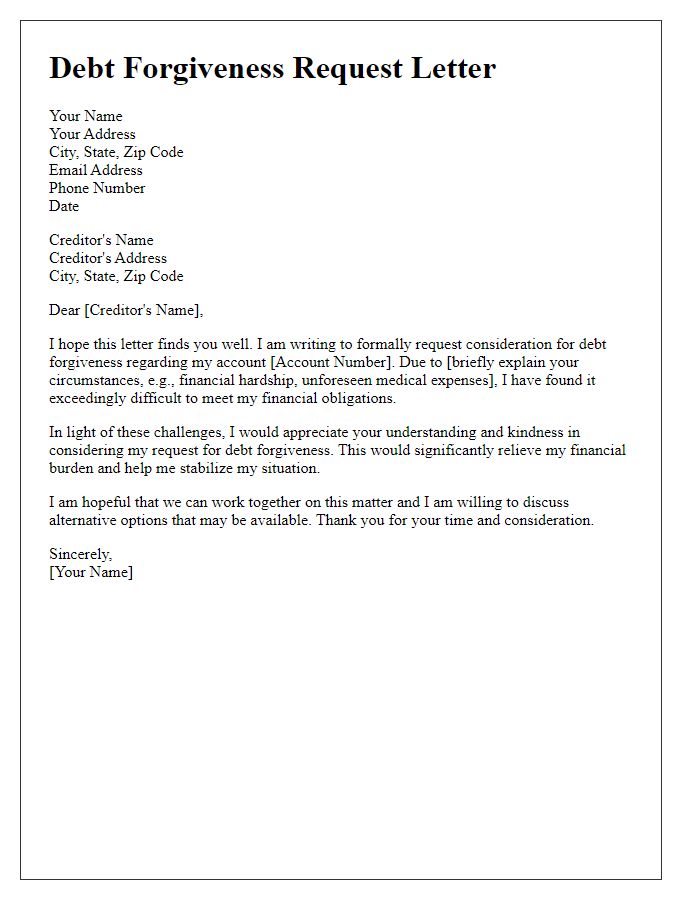 Letter template of business debt forgiveness request