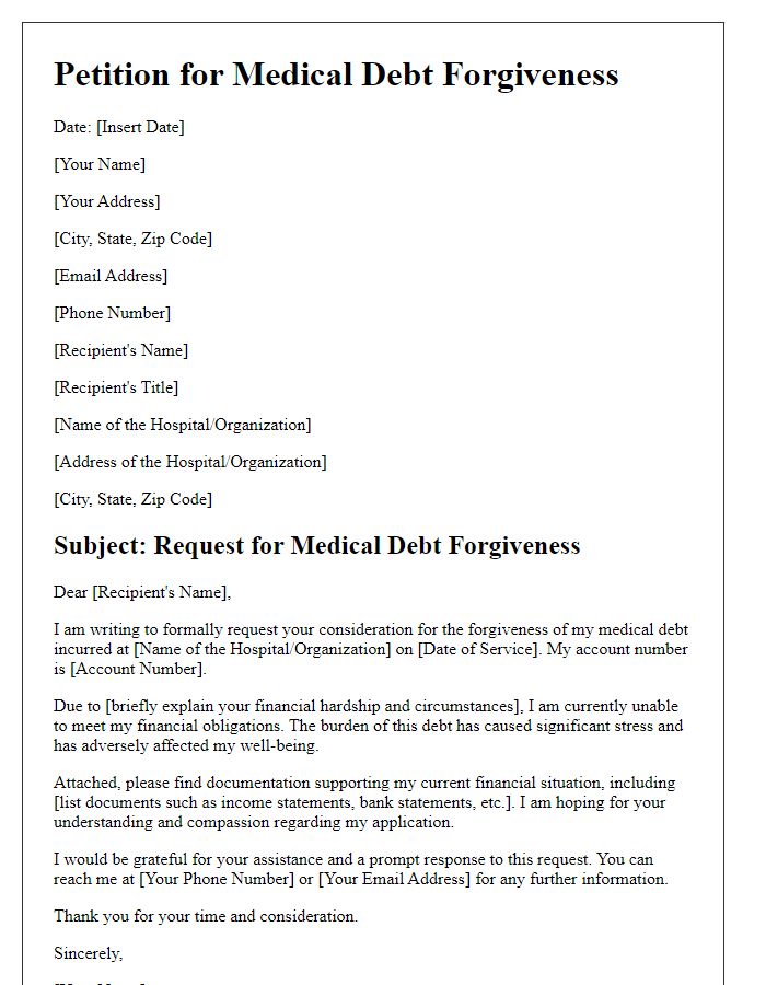 Letter template of medical debt forgiveness petition