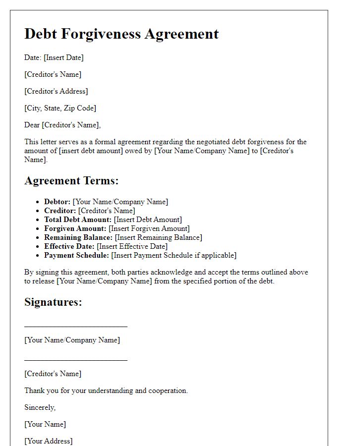 Letter template of negotiated debt forgiveness agreement