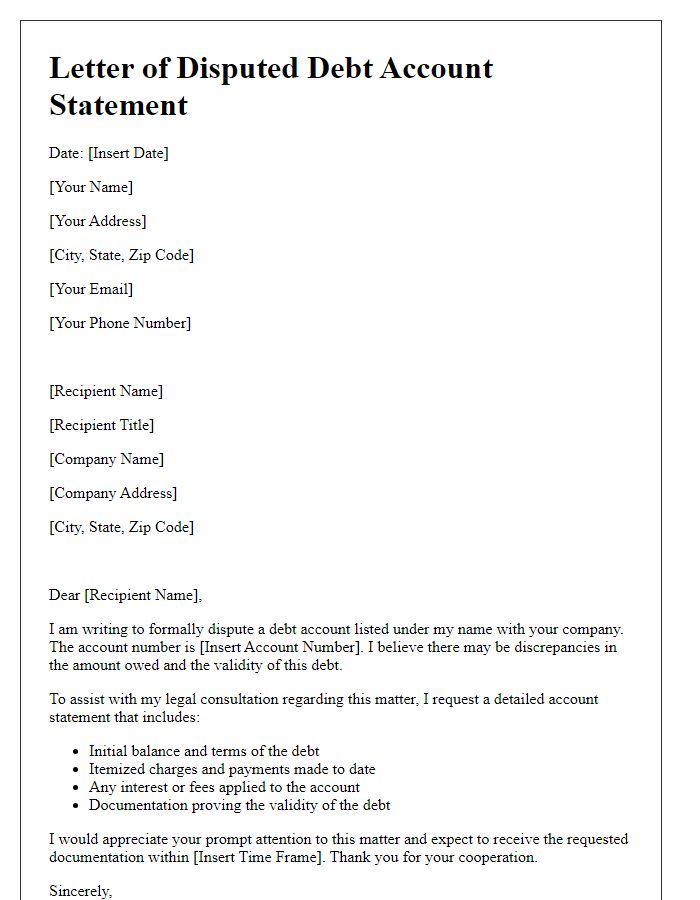 Letter template of disputed debt account statement for legal consultation request