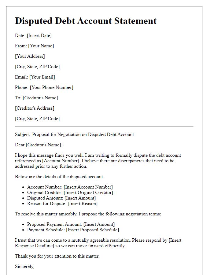 Letter template of disputed debt account statement for negotiation proposal