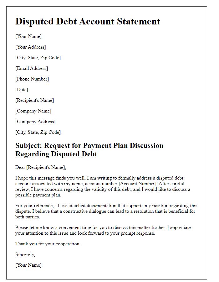 Letter template of disputed debt account statement for payment plan discussion