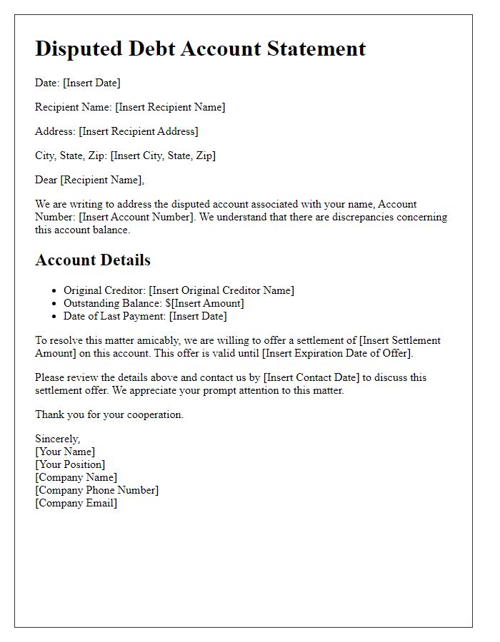 Letter template of disputed debt account statement for settlement offer