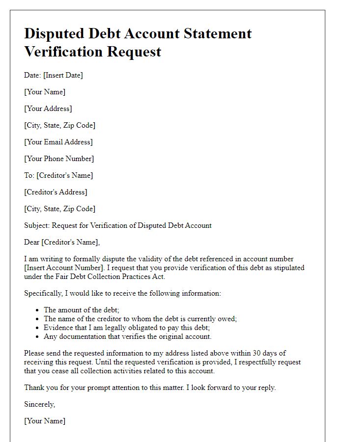 Letter template of disputed debt account statement for verification request