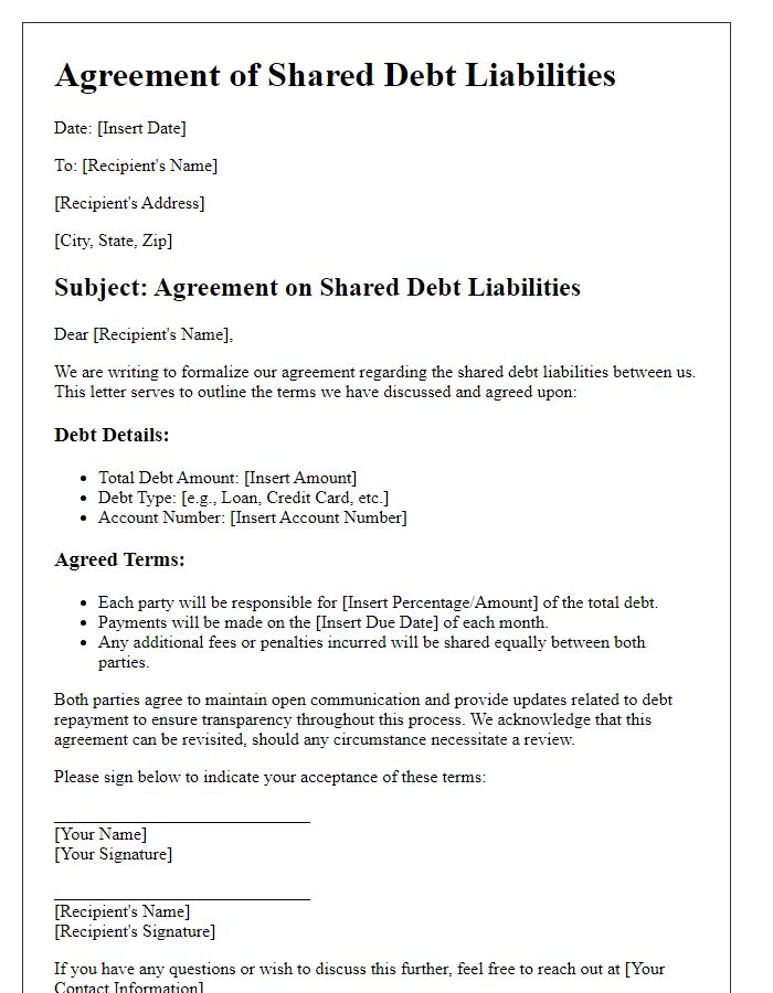 Letter template of agreed terms for shared debt liabilities