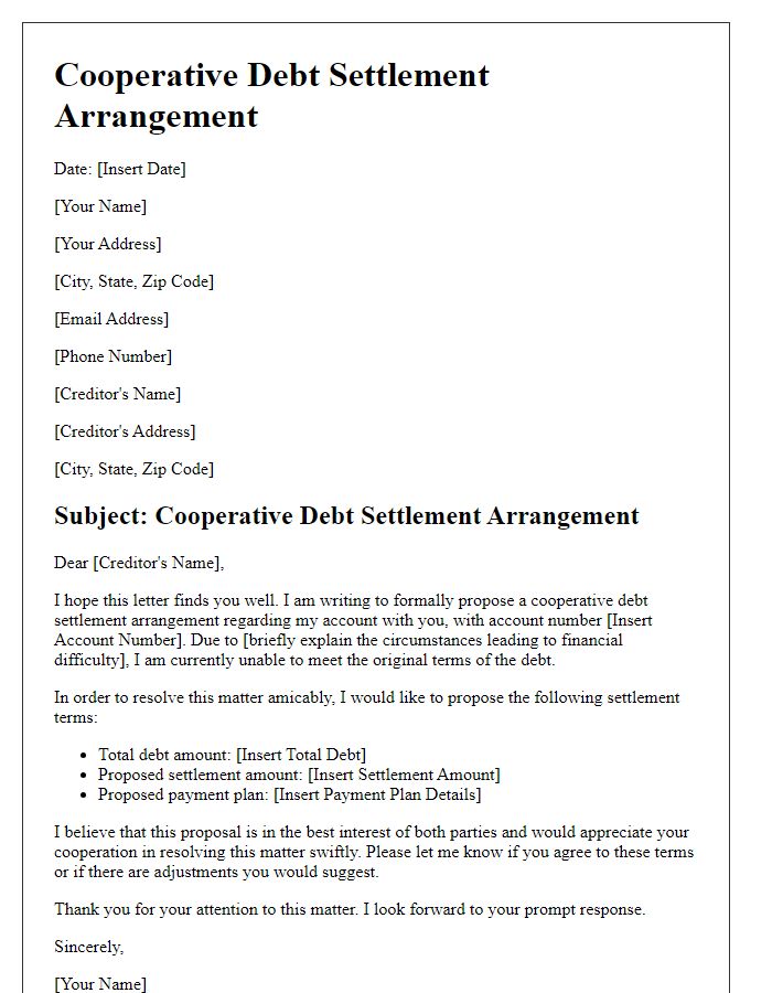 Letter template of cooperative debt settlement arrangement