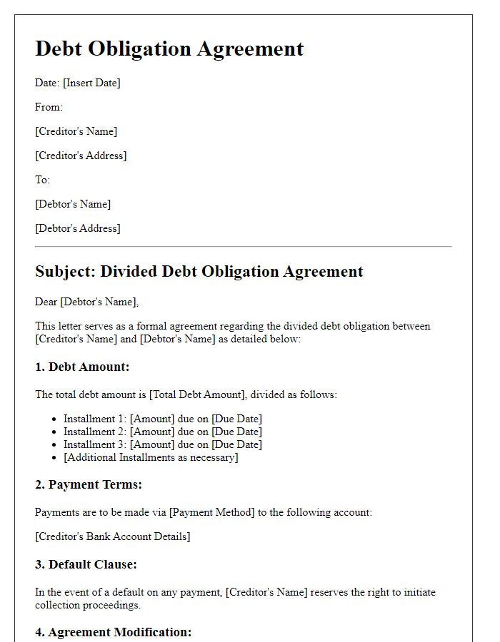 Letter template of divided debt obligation agreement