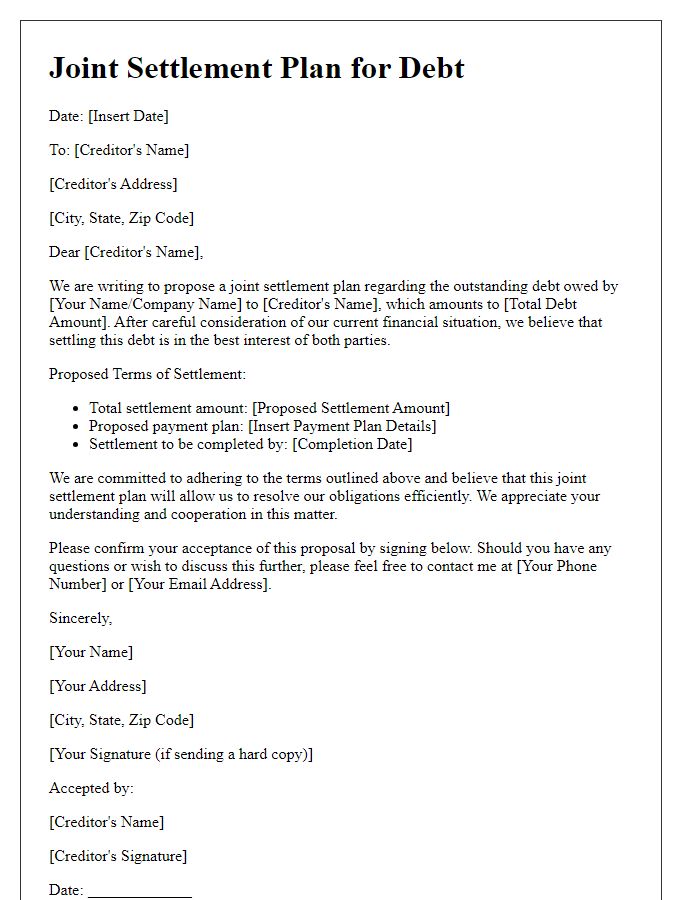 Letter template of joint settlement plan for debt