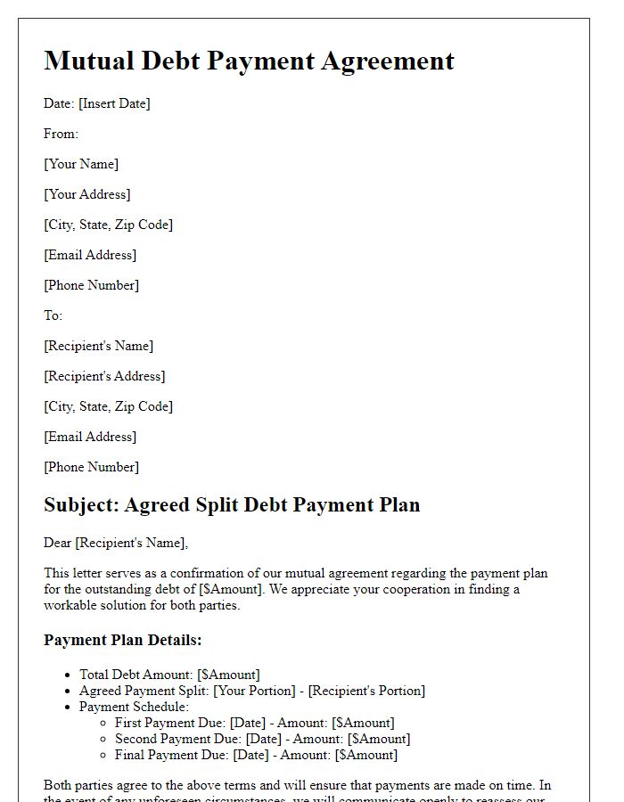 Letter template of mutually agreed split debt payment plan