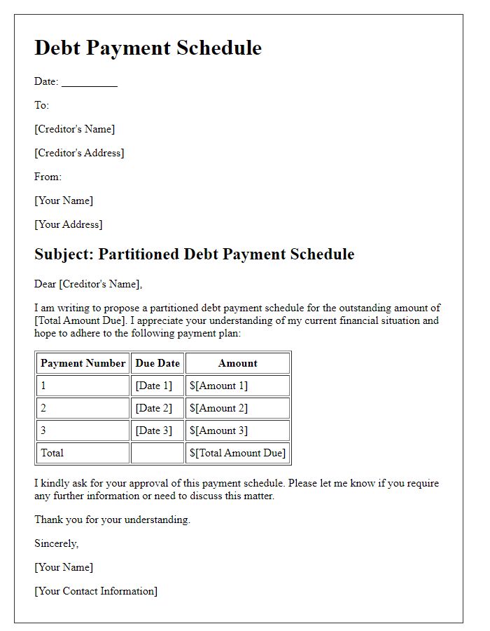 Letter template of partitioned debt payment schedule