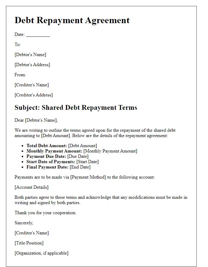 Letter template of shared debt repayment terms