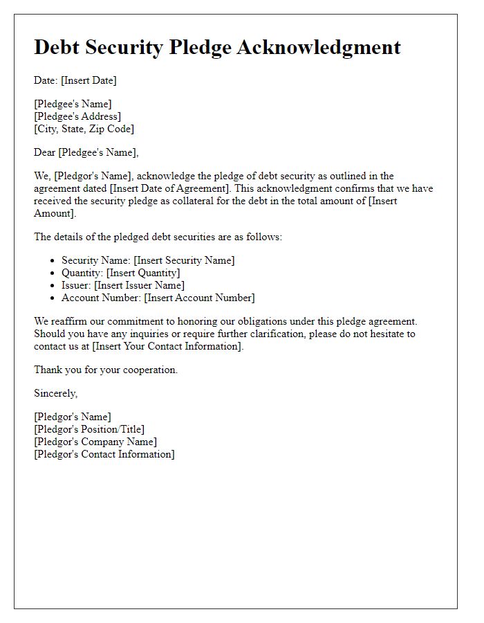 Letter template of Debt Security Pledge Acknowledgment