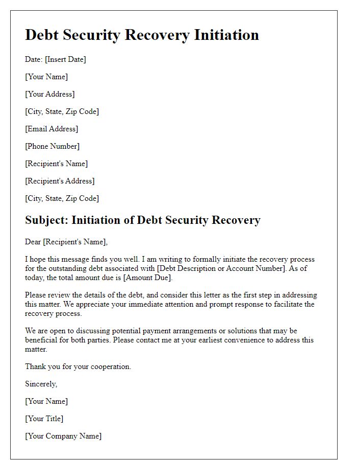 Letter template of Debt Security Recovery Initiation