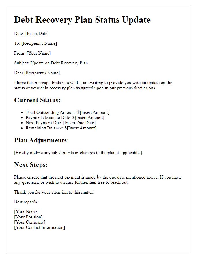 Letter template of debt recovery plan status update