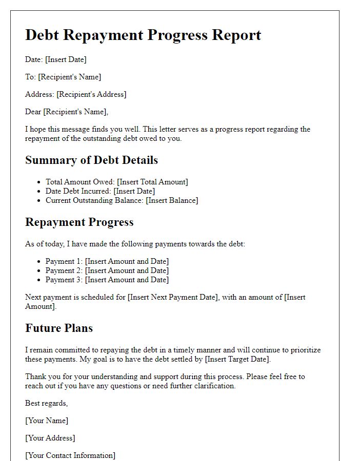 Letter template of debt repayment progress report