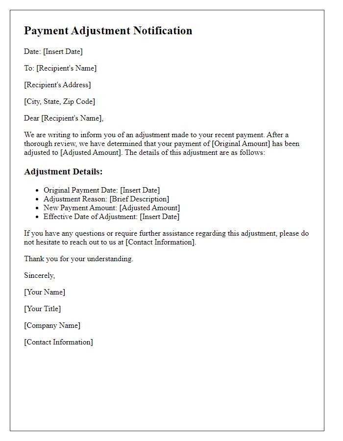 Letter template of payment adjustment notification