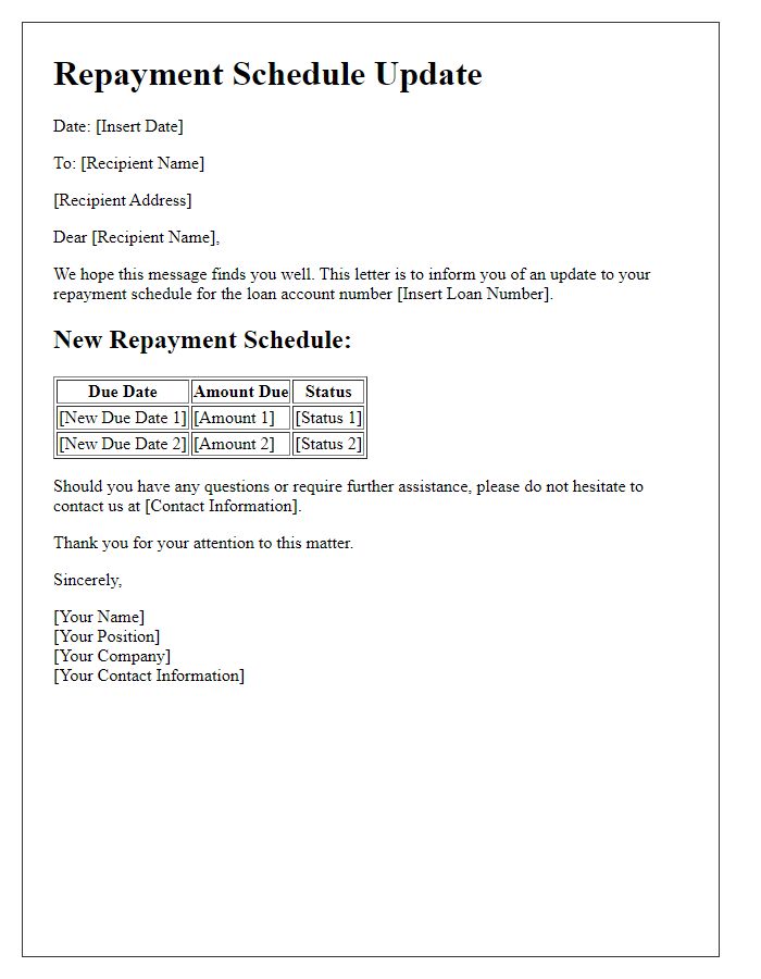 Letter template of repayment schedule update