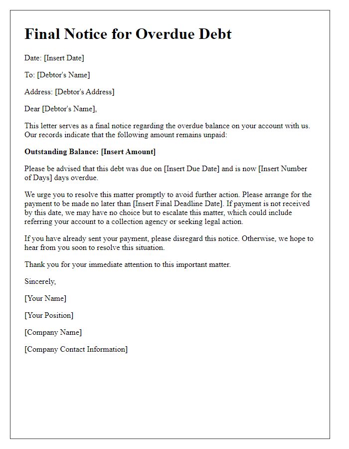 Letter template of final notice for overdue debt