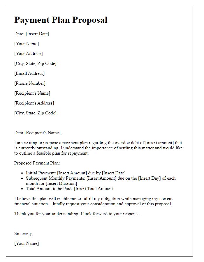 Letter template of payment plan proposal for overdue debt