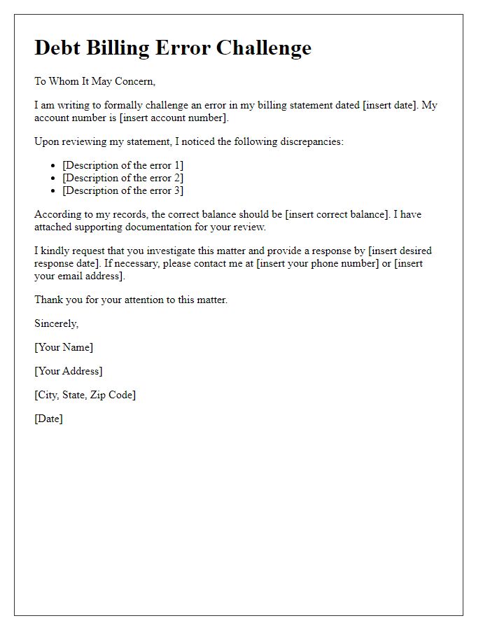Letter template of debt billing error challenge
