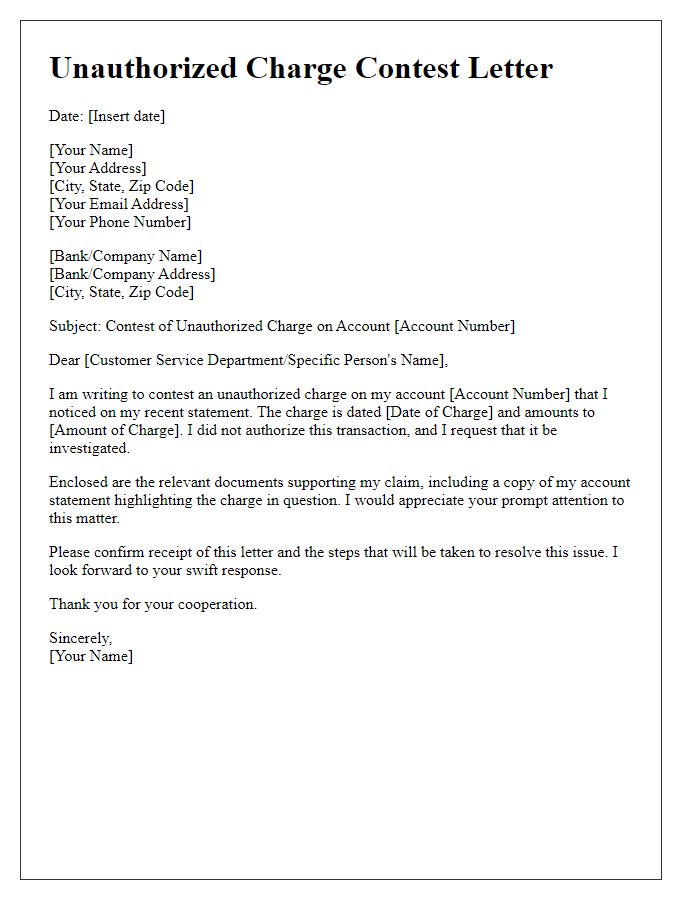 Letter template of unauthorized charge contest