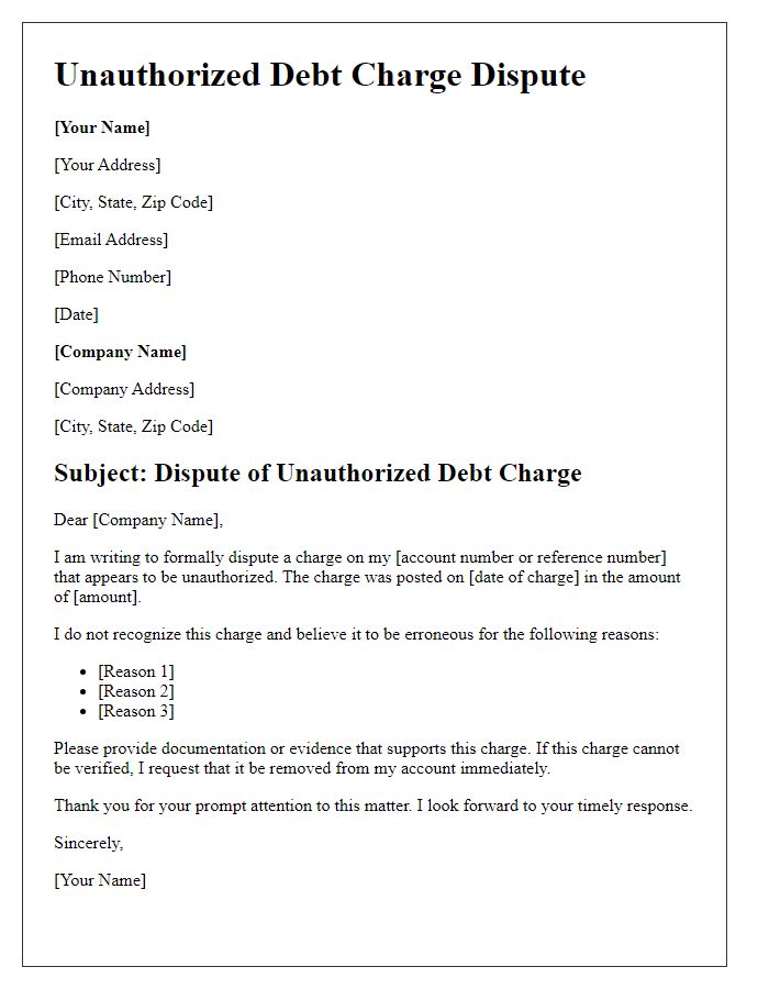 Letter template of unauthorized debt charge dispute