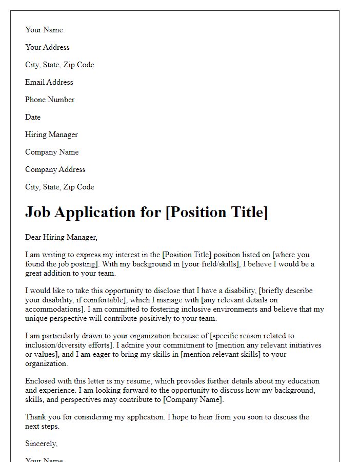 Letter template of job application with disability disclosure for inclusive environments.