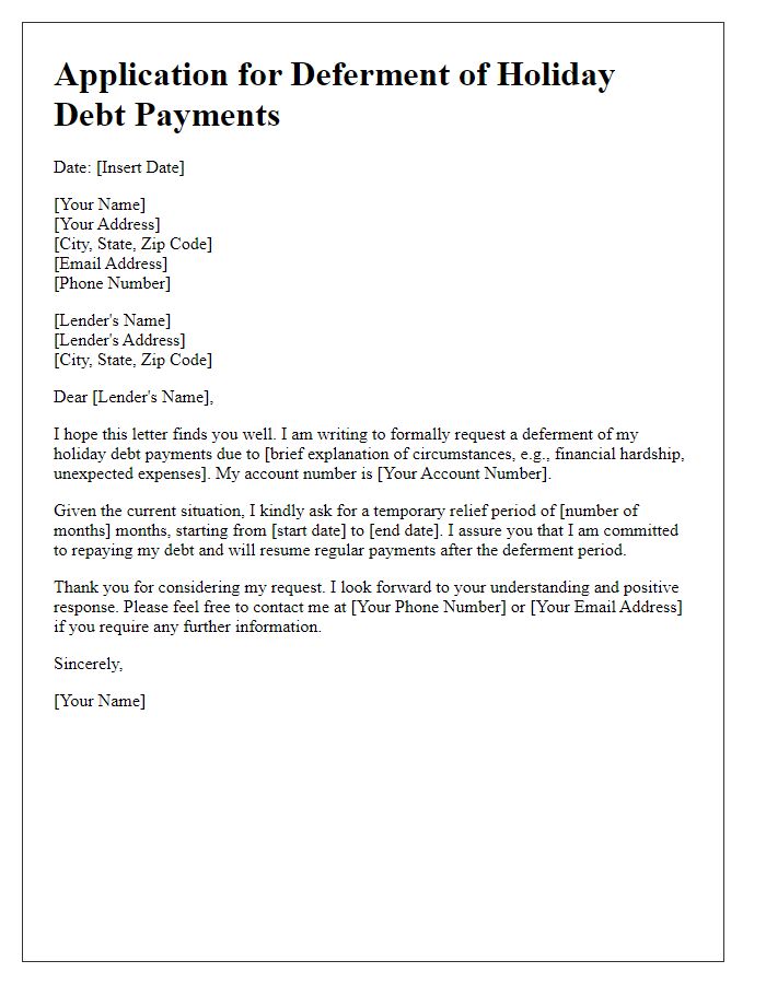 Letter template of application for deferment of holiday debt payments