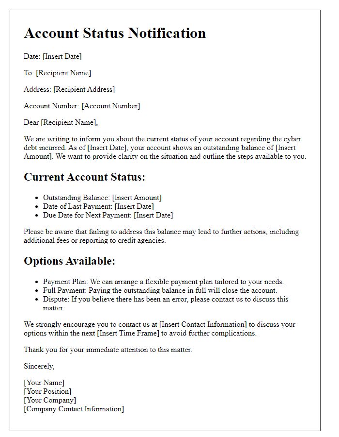 Letter template of account status regarding cyber debt