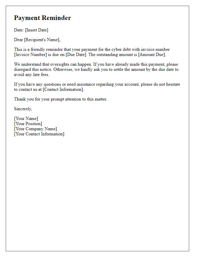 Letter template of cyber debt payment reminder