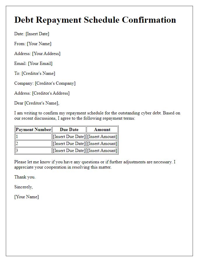 Letter template of cyber debt repayment schedule confirmation