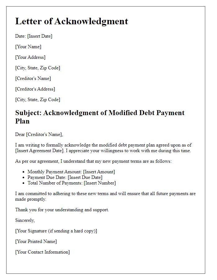 Letter template of acknowledgment for modified debt payment plan